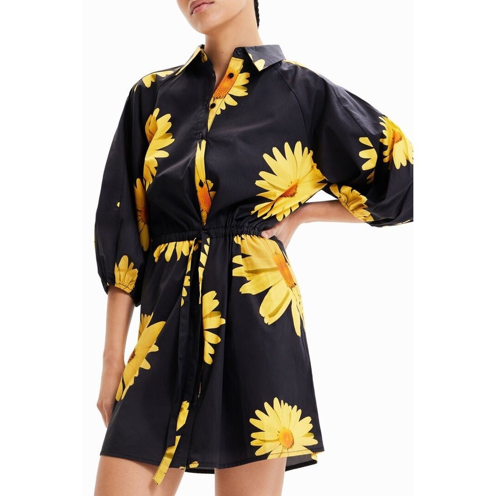 Desigual Black Oversized Daisy Print Balloon Sleeve Mini Shirt Dress Small